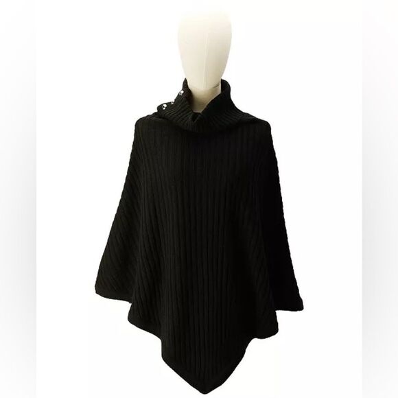 Michael Kors Women's Wide-Rib Button Turtleneck Poncho - Picture 2 of 8